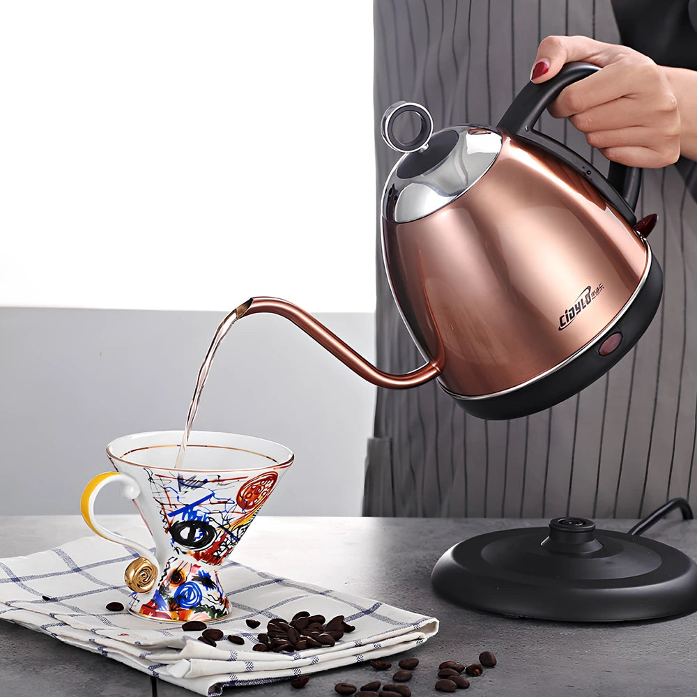 Full-automatic stainless steel kettle with touch control in gold colour showing 1L capacity markings