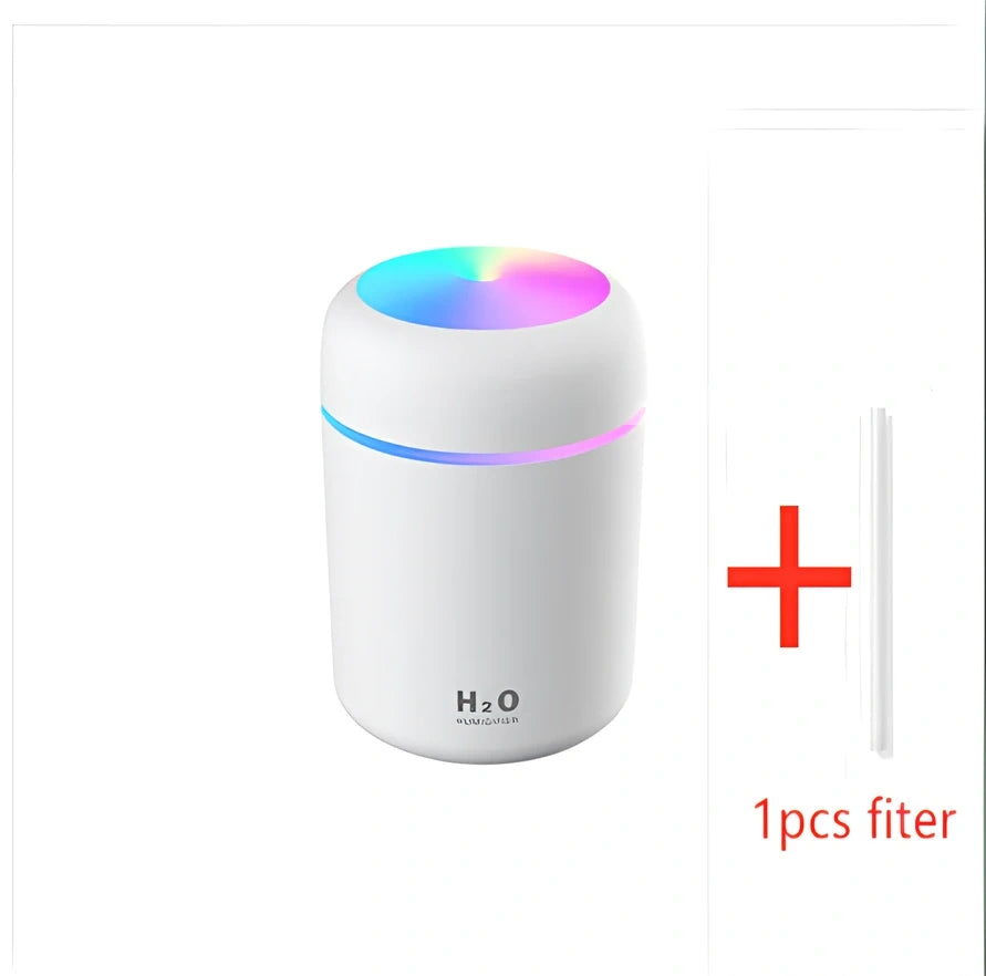 USB colourful air humidifier in white with 300ml tank and mist output for home car use