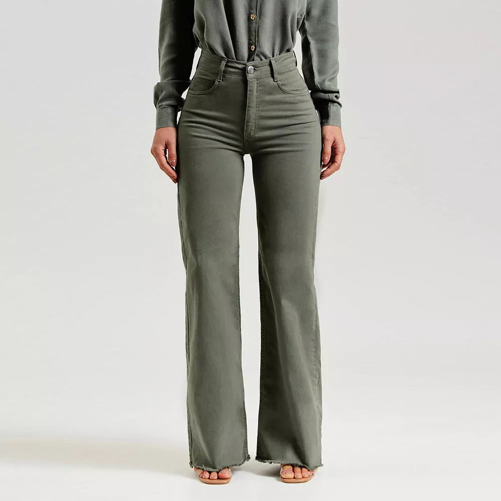 Slim Fit Stretch Denim Flared Pants in Olive Green