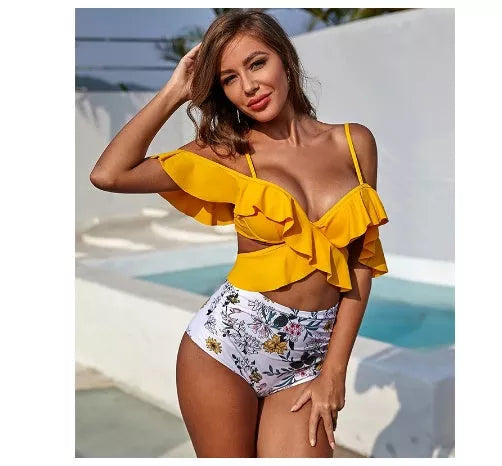 Ruffled High Waist Off-Shoulder Bikini in Vibrant Colors