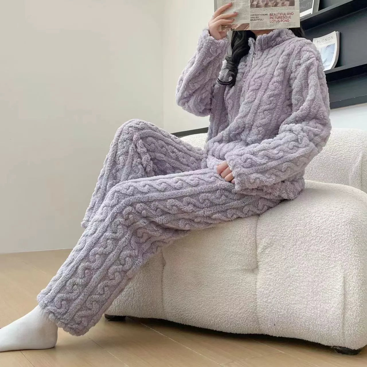 Twist Zipper Couple Fleece-Lined Pajamas for Winter Comfort