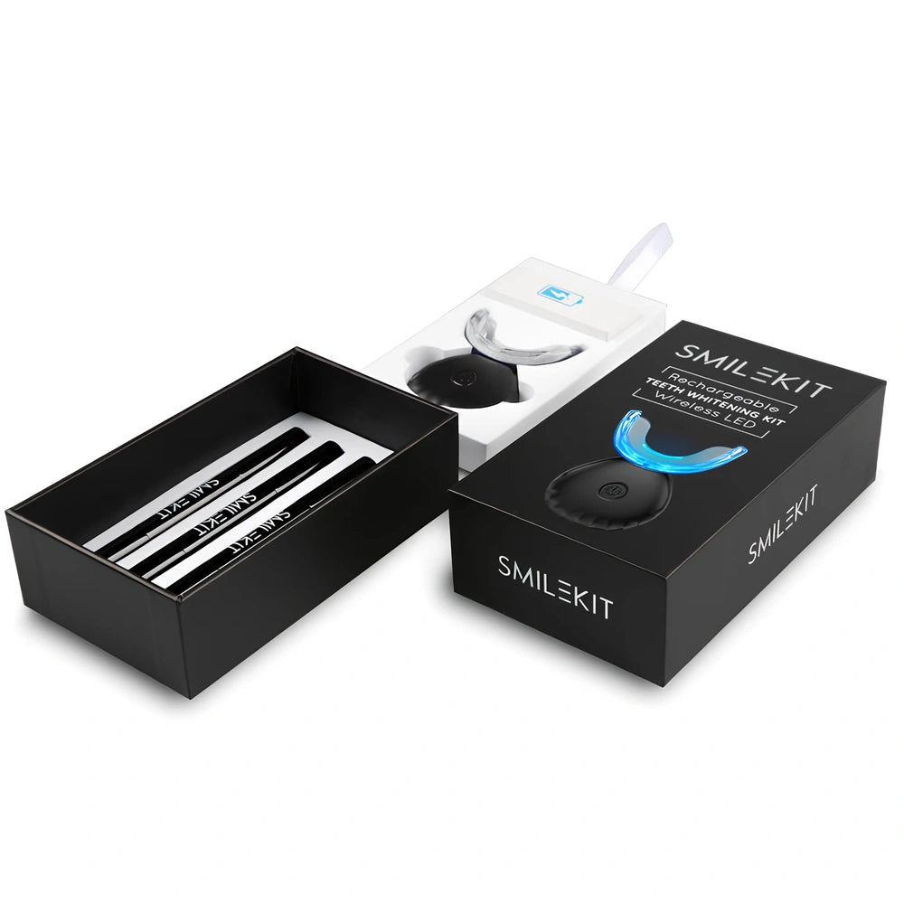 Wireless teeth whitening lamp kit in black charging suit with mint gel for portable stain cleaning