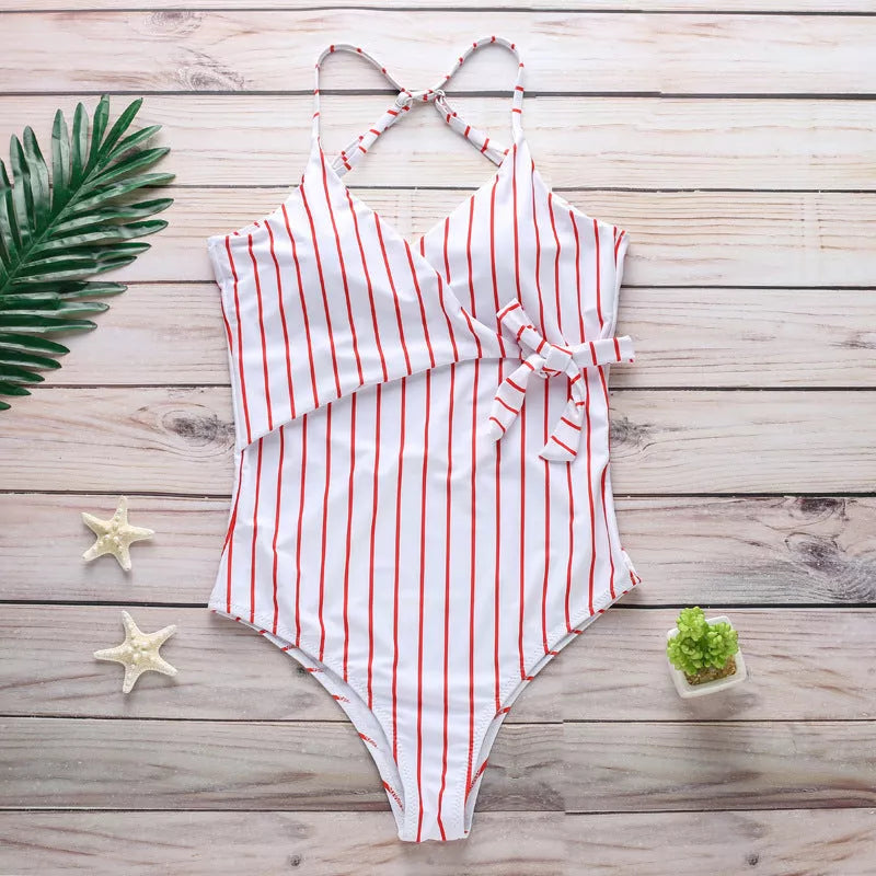 Vertical one-piece swimsuit in polyester with size guide