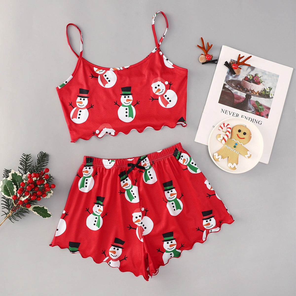 Christmas Women's Milk Silk Pajamas Set with Sleeveless Shorts