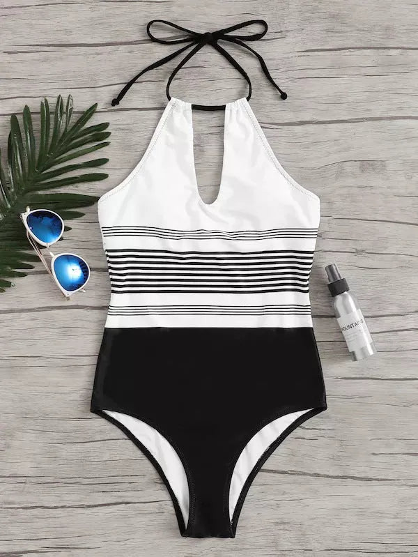 One-piece striped swimsuit for women in black
