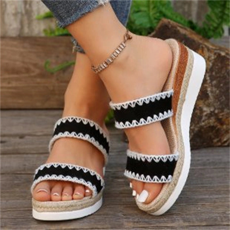 Hemp Rope Woven Wedge Slippers with Double Wide Straps for Women