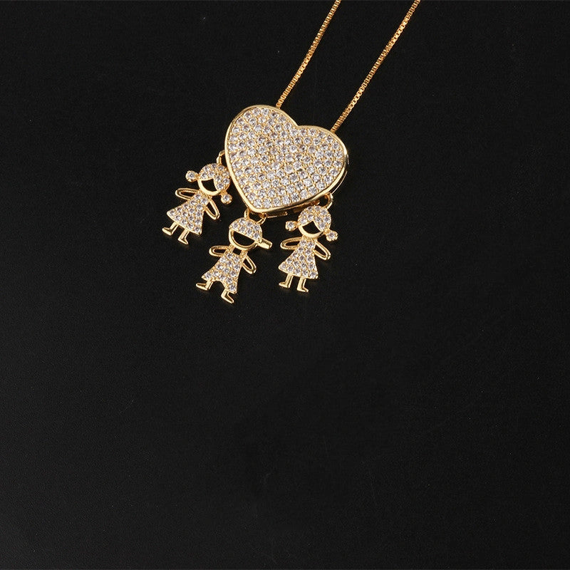 Gold Color Cubic Zirconia Heart Pendant Necklace for Family