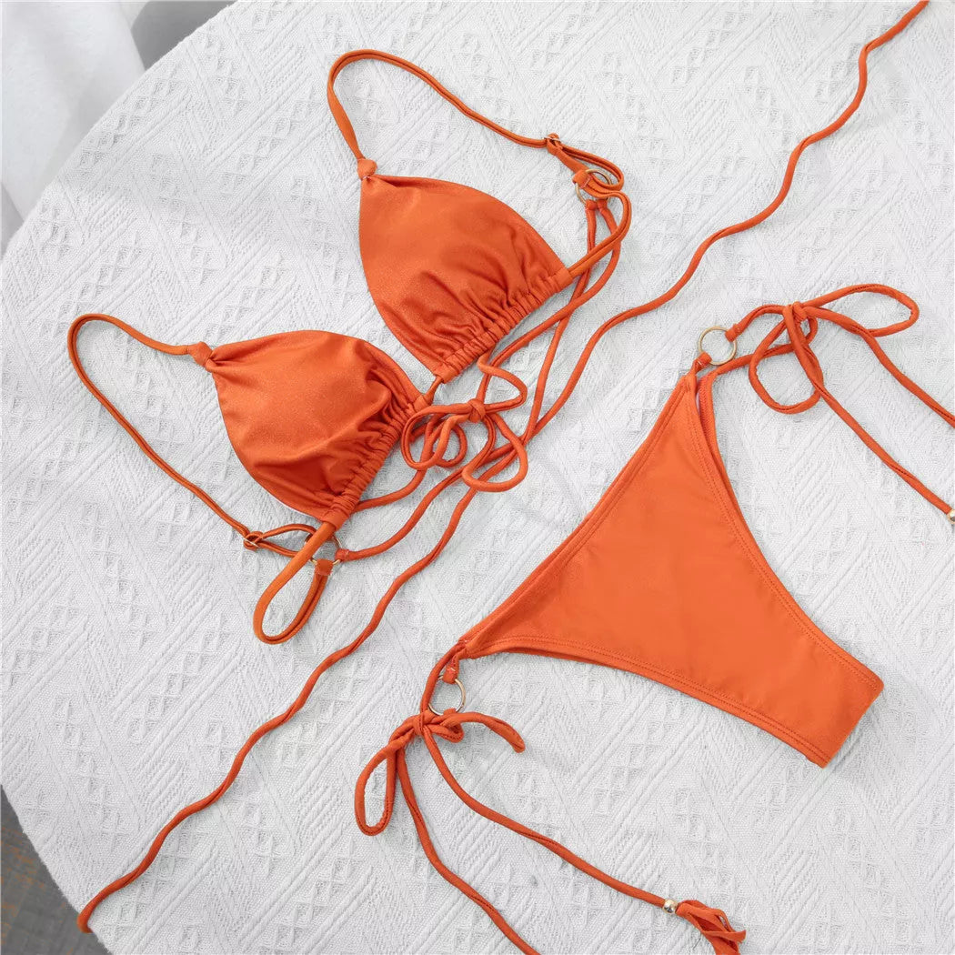 Ladies Nylon Shiny Strap Bikini in Brown and Pearl Powder