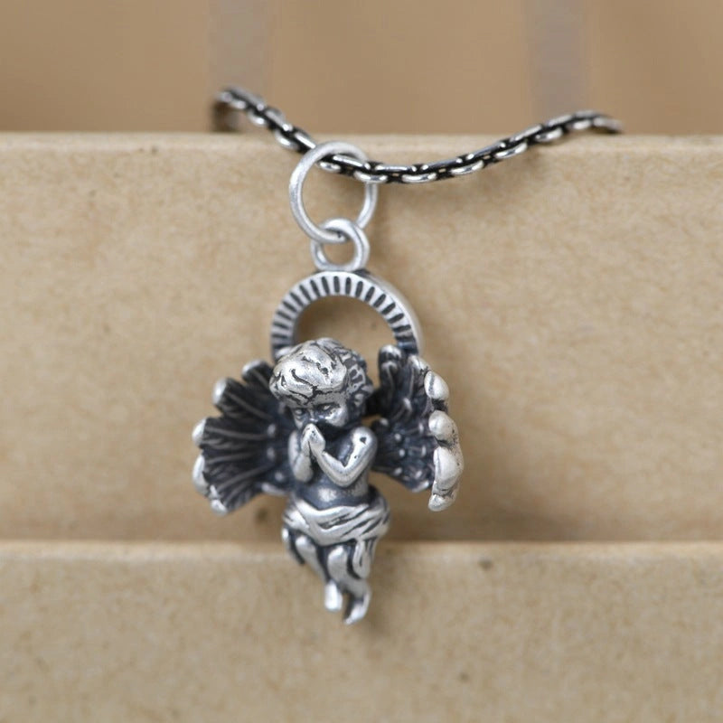 925 Sterling Silver Angel Necklace with Retro Chain for Women and Men