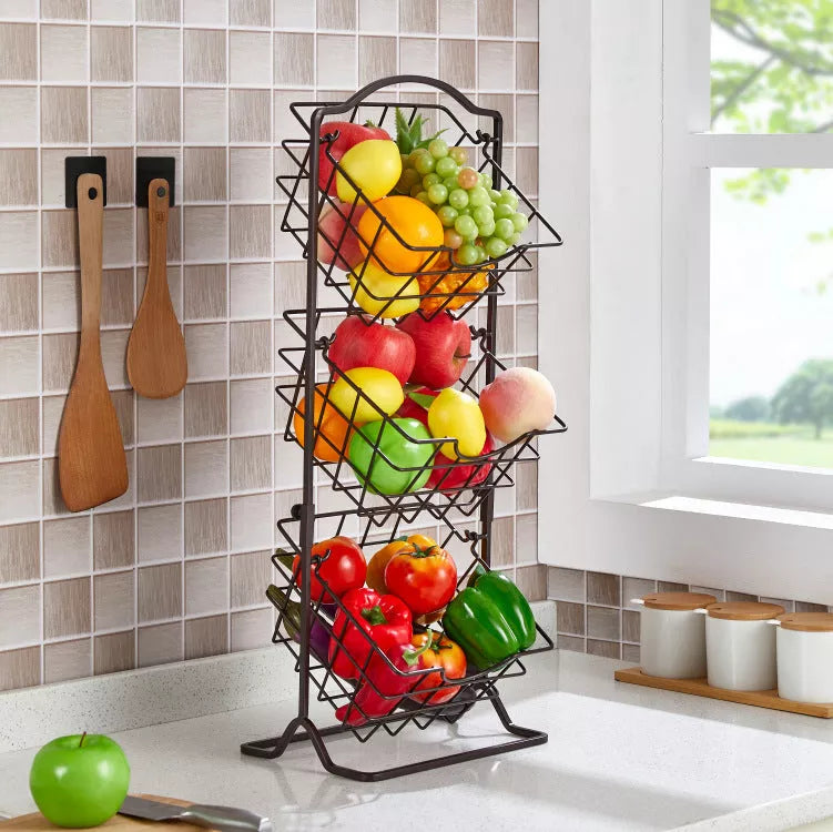 Three-layer wrought iron storage shelf for fruits and vegetables