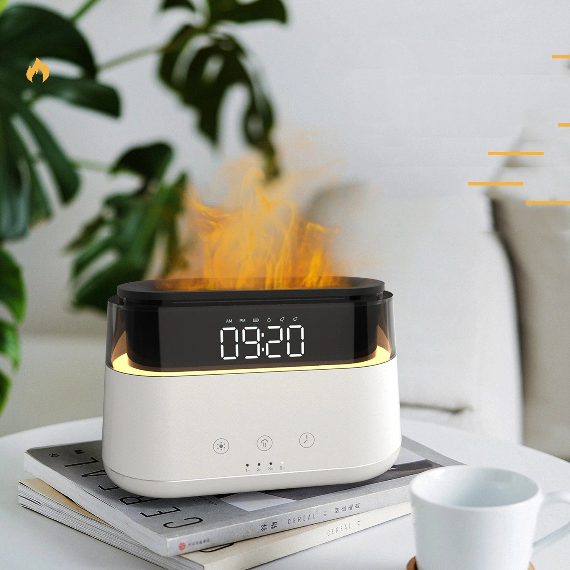 Flame Humidifier with Clock and Timed Fragrance Spraying for Home Use