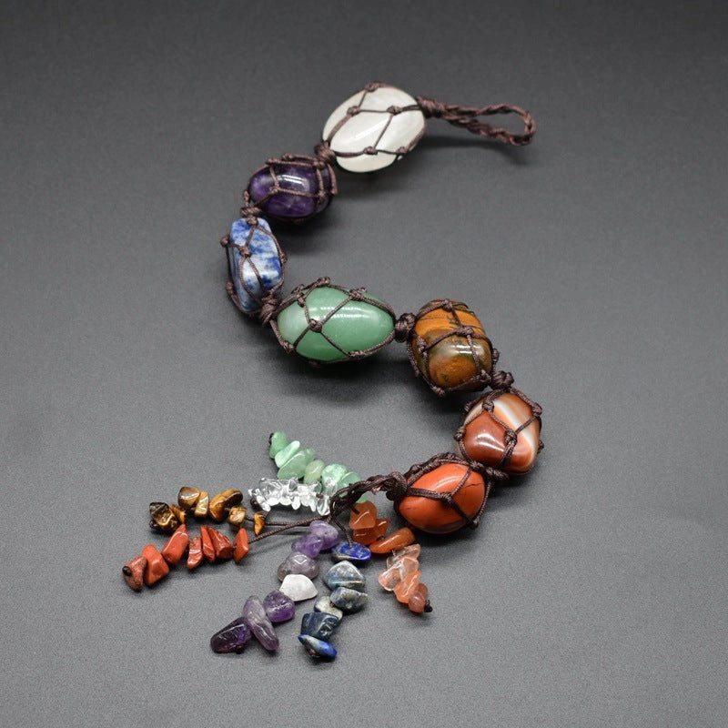 Handwoven natural stone 7 chakra car pendant with irregular design