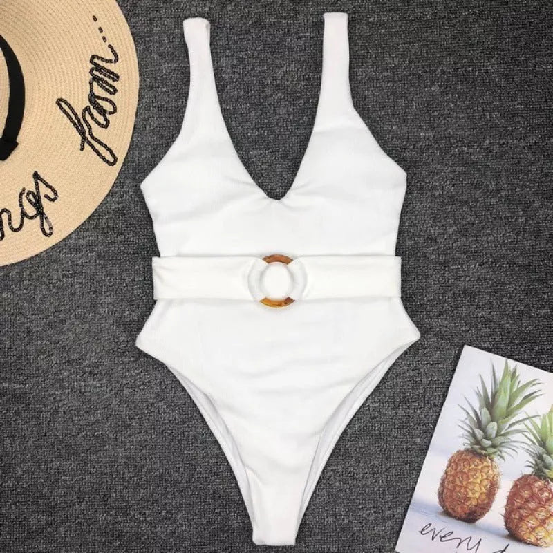 Women's White Grid Pattern Swimsuit with Vinylon Fabric
