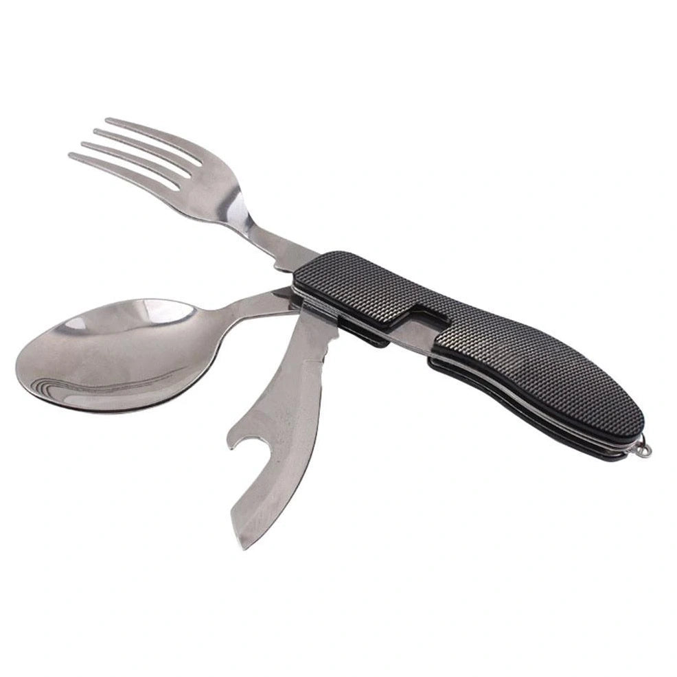 Green multi-functional 4-in-1 folding knife in stainless steel, showing folded knife, spoon, removable fork, and bottle opener for outdoor use