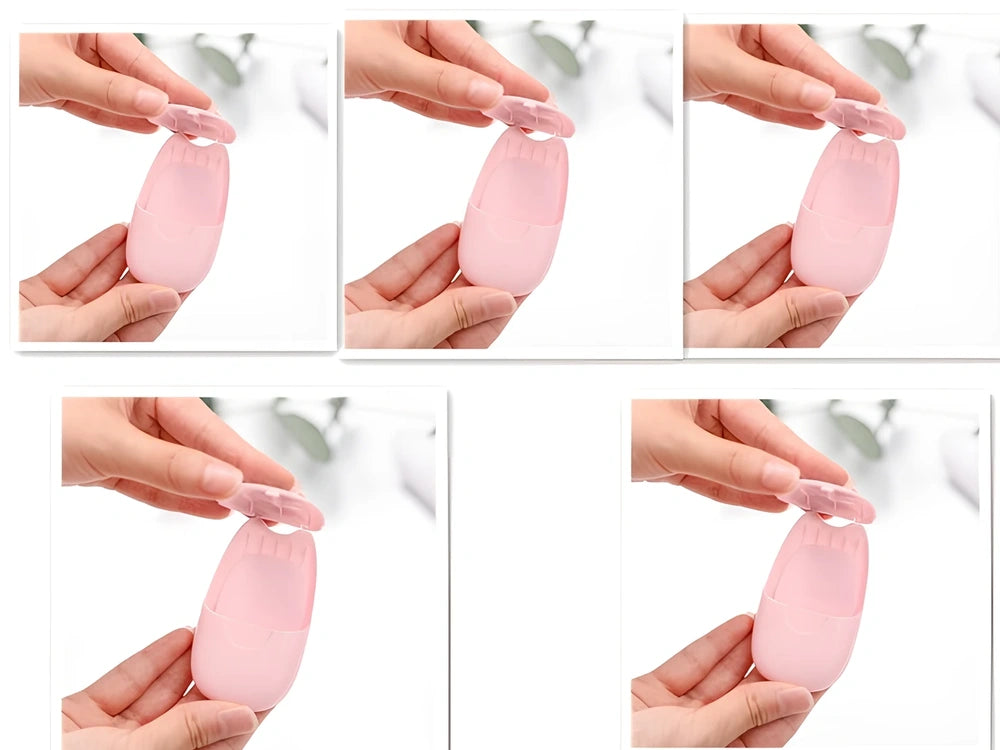 Pack of 50 pink biodegradable soap paper sheets, each 8x4.5cm, for portable hand cleaning on travels