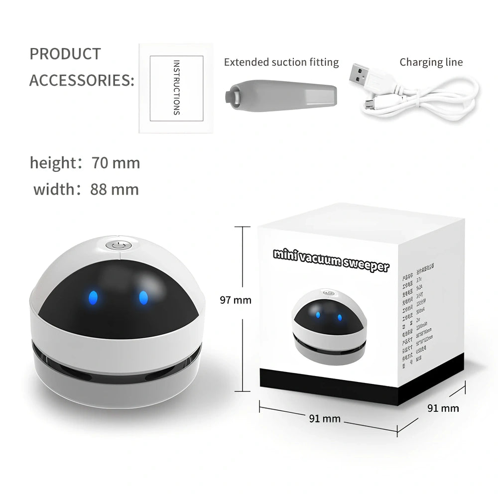 White mini USB desktop keyboard cleaner vacuum with flat nozzle and 30ml dust box, 15cm long for handheld use