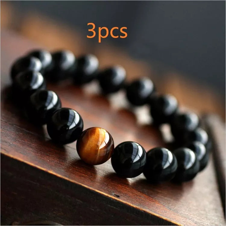 Natural Black Onyx and Tiger Eye Energy Bracelet with Elastic Rope