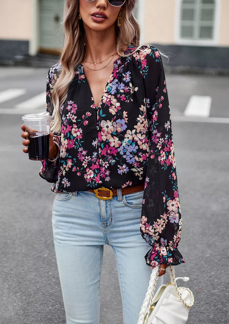 Women's Floral Print V-Neck Long Sleeve Chiffon Blouse