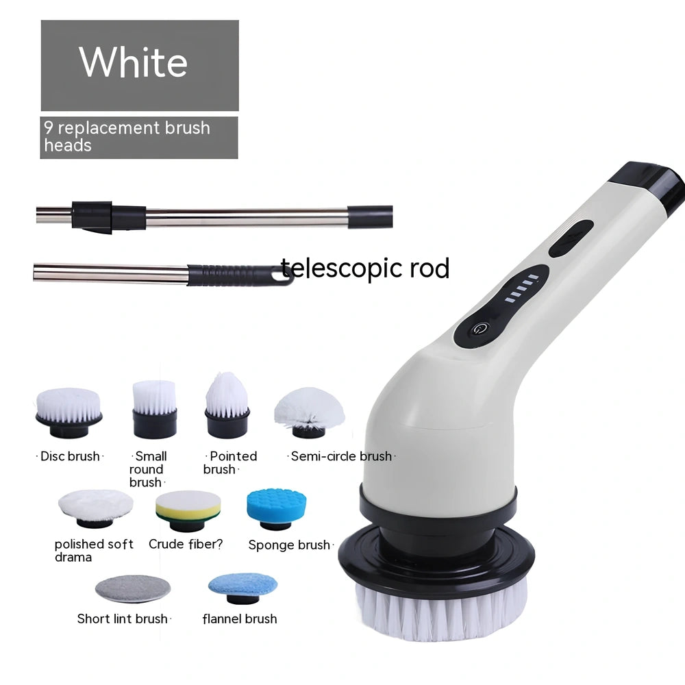 Handheld electric cleaning brush with rotating heads in white or green colours