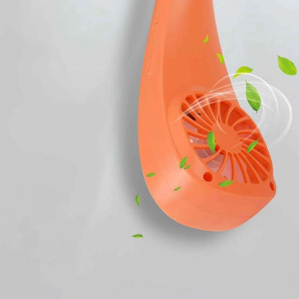 White USB charging small neck fan NC-01 with orange fan leaves, adjustable band for portable cooling