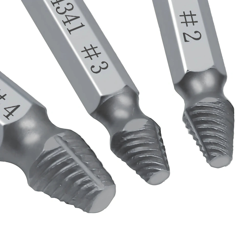 6-piece slip-tooth head screw remover set crafted from 4341 high-speed steel for removing stubborn screws