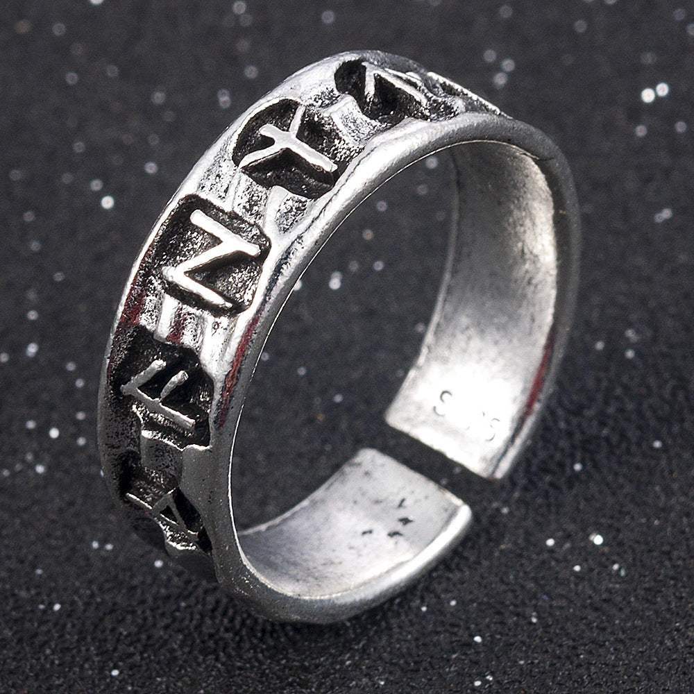 Geometric Symbol Adjustable Ring for Men in Ancient Silver