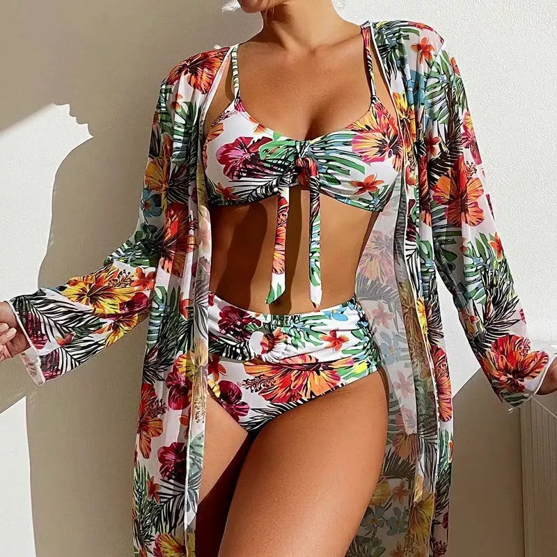 Women's Plus Size Long Blouse Split Bikini Suit in Polyester