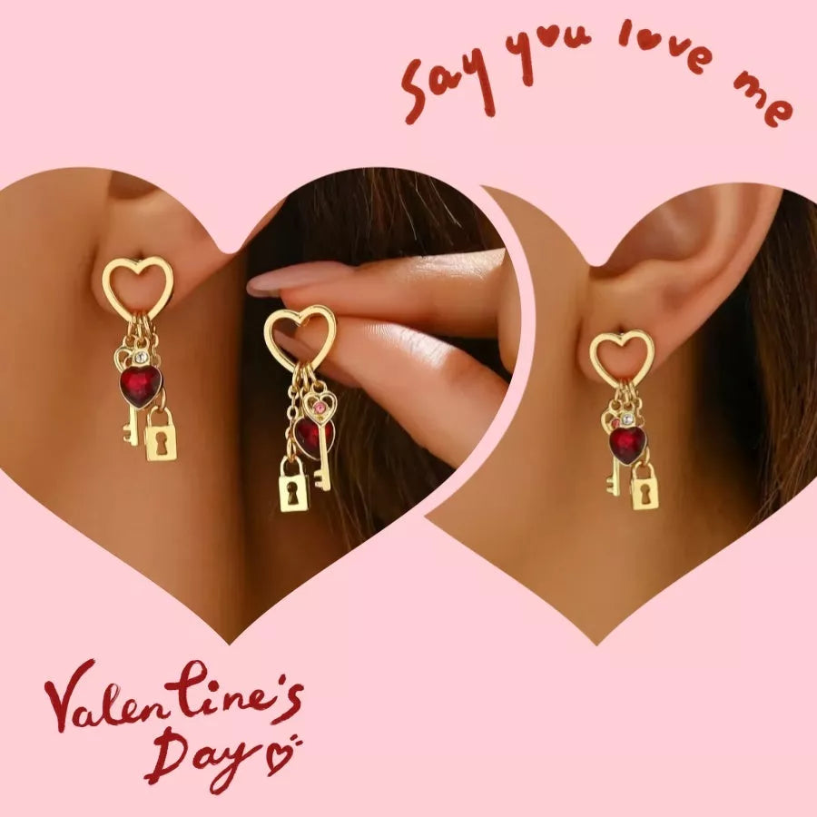 Valentine's Day Luxury Love Earrings with Rhinestone Lock Design
