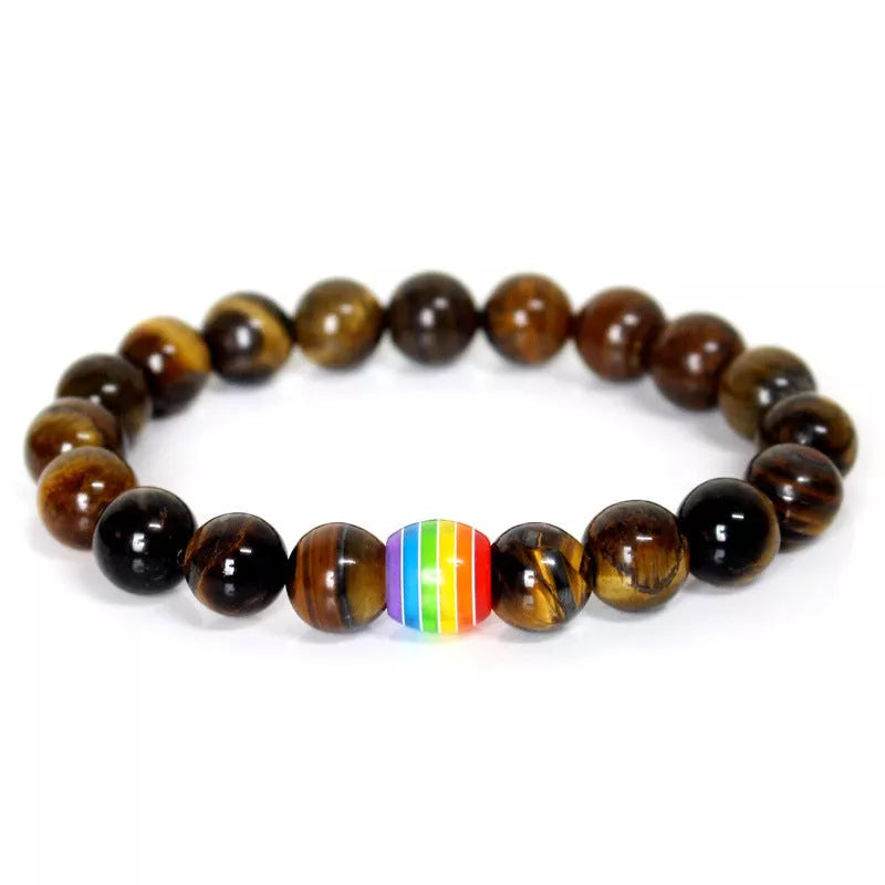 Rainbow Bead Bracelet with Natural Stone Strand for Couples