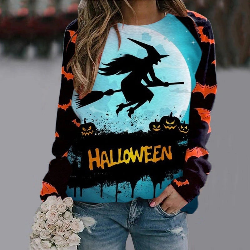 Halloween Cartoon Print Sweatshirt for Women with Long Sleeves