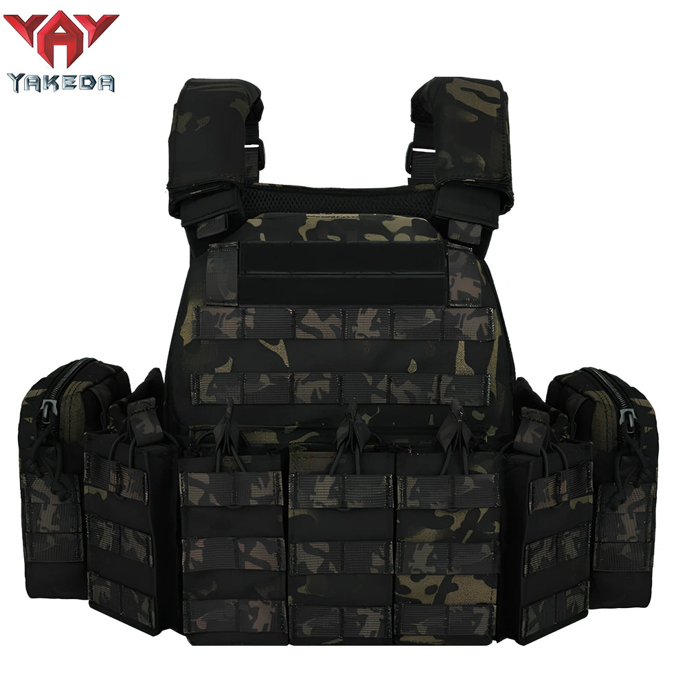 Combat camouflage tactical vest with adjustable waist showing 600D polyester construction and multiple pattern options