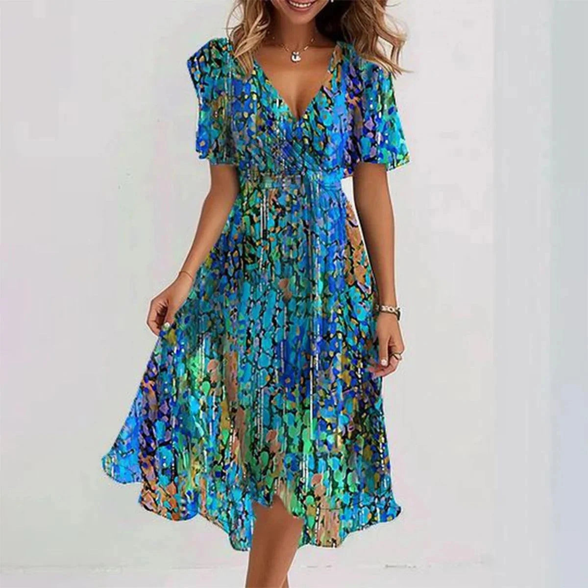 Elegant Summer Chiffon V-neck Dress with Floral Print