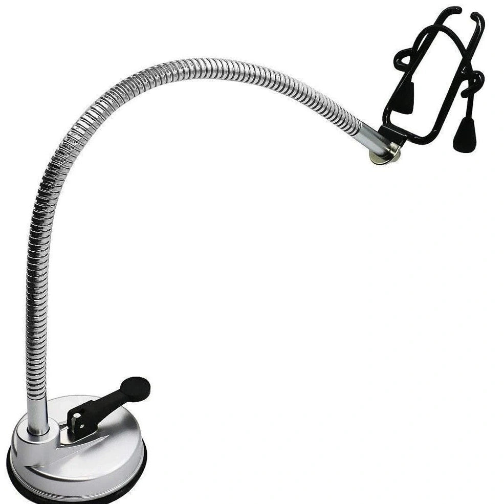 Stainless steel hair dryer holder with suction cup base showing 360-degree rotation capability