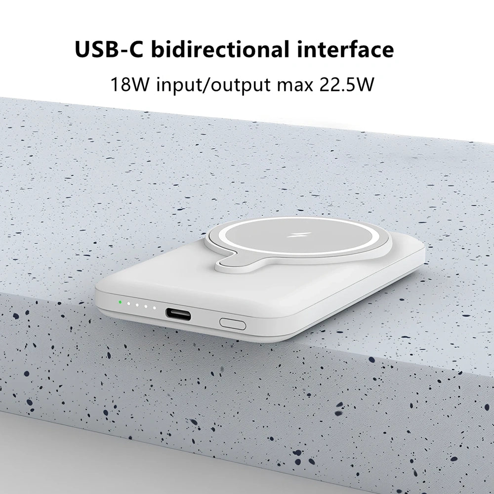 White Magsafe magnetic power bank showing magnetic charging side and USB ports