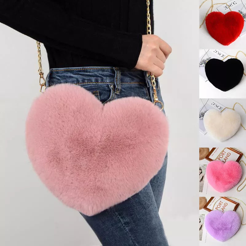Plush Chain Shoulder Bag for Women with Heart Shape Design