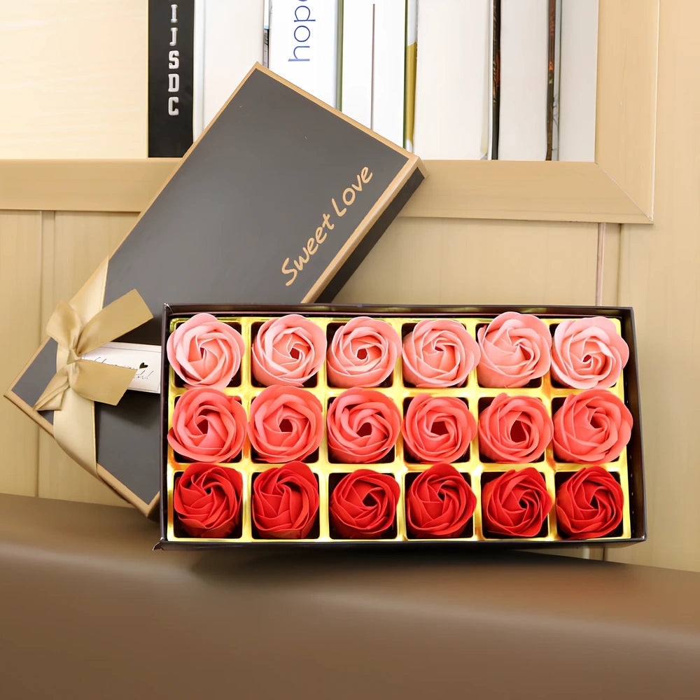 Handmade bouquet of 18 pink gradient rose soap flowers with smooth petals for hand cleansing and decoration