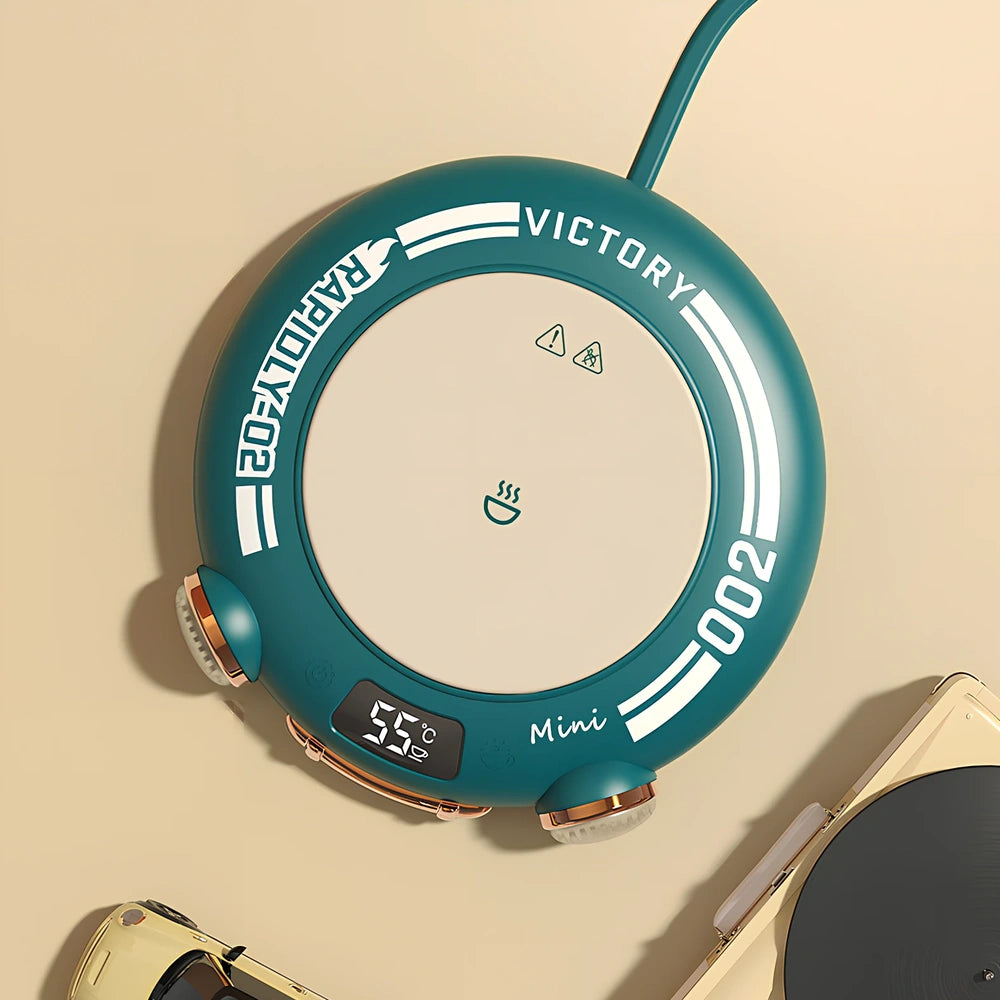 Green portable coffee mug warmer with touch controls and 100mm heating surface for office desks