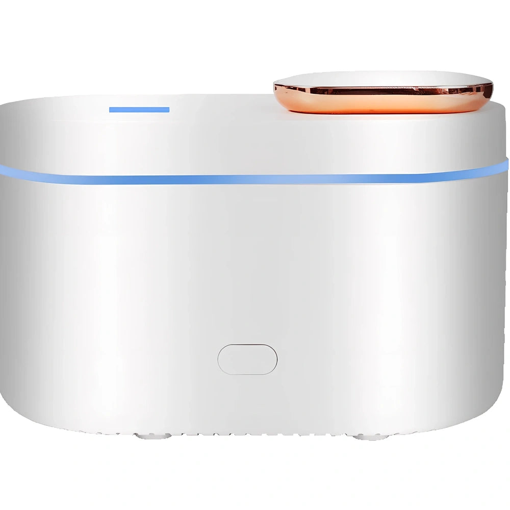 White ultrasonic aroma diffuser measuring 13.5x8x9cm with 200ml capacity and RGB lighting