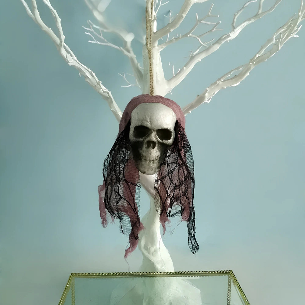 Foam Halloween skull hanging decor in purple with lace, 40 cm height for stage props