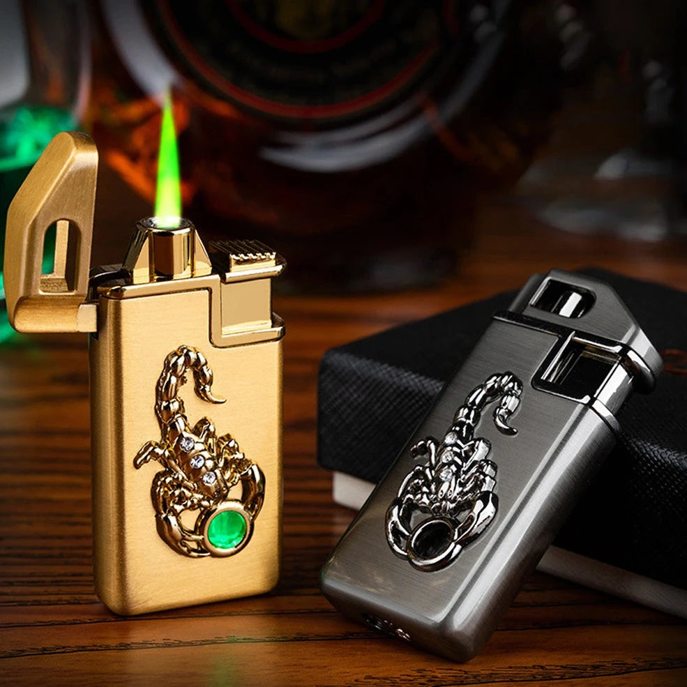 Scorpion Chip Gas Lighter with zinc alloy housing in gold or silver finish, 65mm length