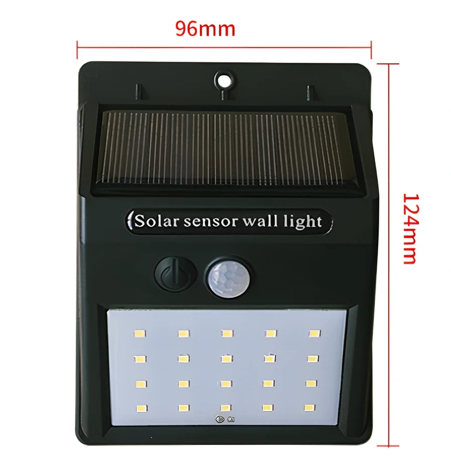 Solar sensor light in black ABS plastic with 20 LEDs and infrared motion detection, package 130x102x55mm