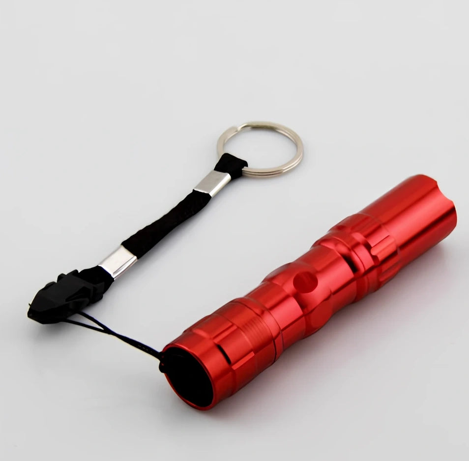 Compact black aluminum LED mini flashlight with 100-200m beam, 9.5cm long for portable use