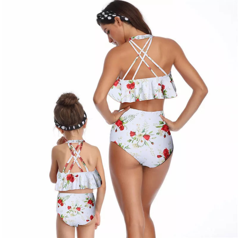 Nylon swimsuit for baby girls and women with chest pad