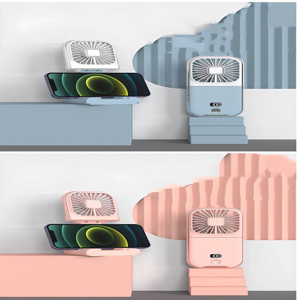 F30Pro folding portable handheld fan in white with digital display, 169x81x20mm size, USB charging, plastic blades for cooling