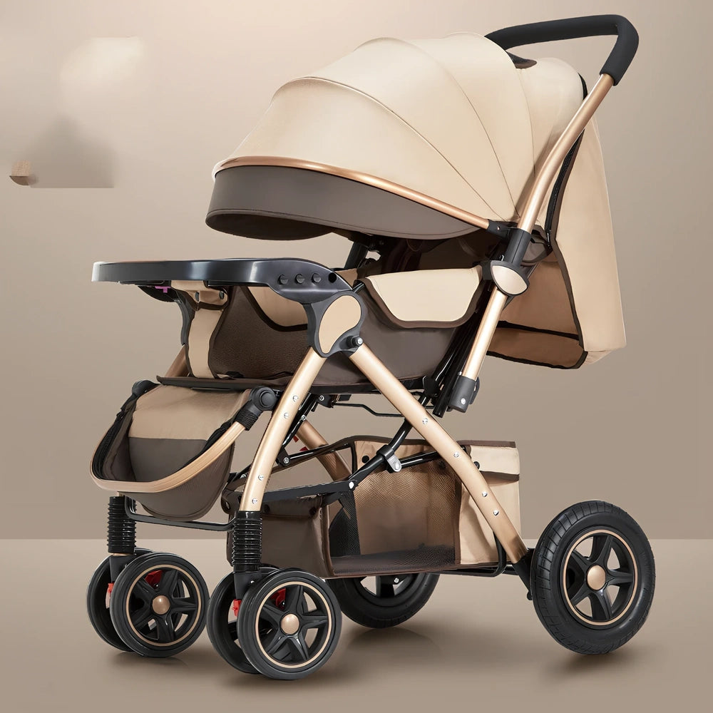 Baby stroller gift box in local gold frame with khaki blended fabric and 20cm rubber rear wheels for newborn use