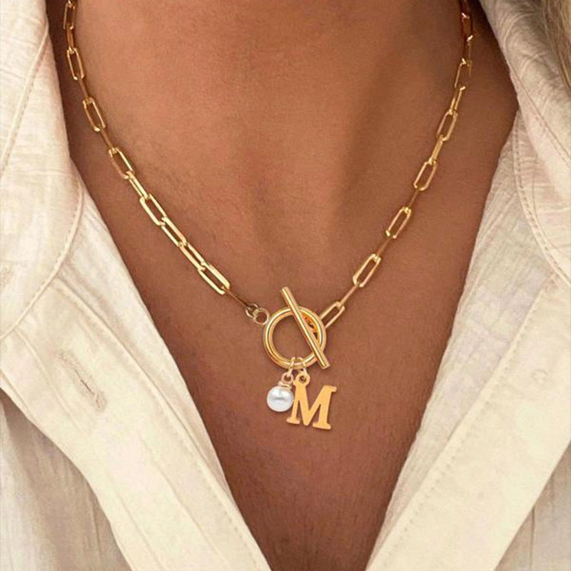26 English Letter Necklace with Stainless Steel Chain and Imitation Pearl Pendant