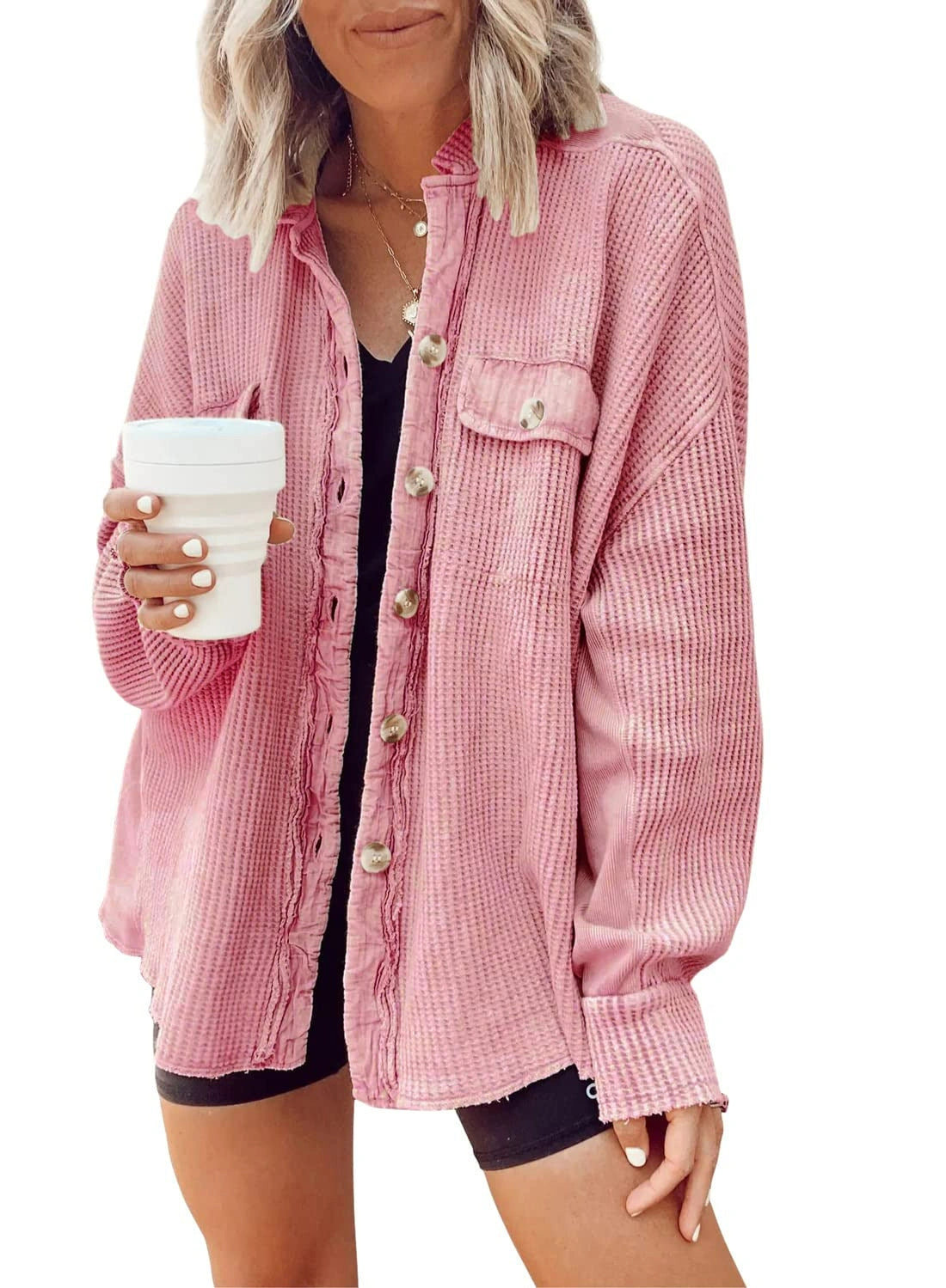 Women's Button Shirt Jacket with Lapel and Long Sleeves
