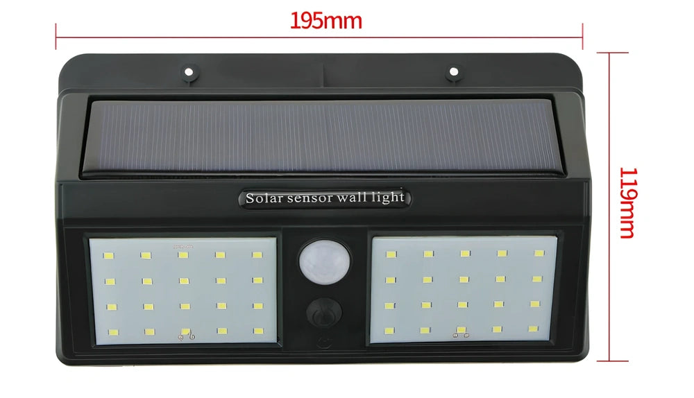 Solar sensor light in black ABS plastic with 20 LEDs and infrared motion detection, package 130x102x55mm