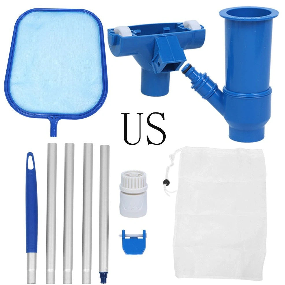 Swimming pool cleaning tool set with fine mesh head, ABS tubes, and connectors for debris removal