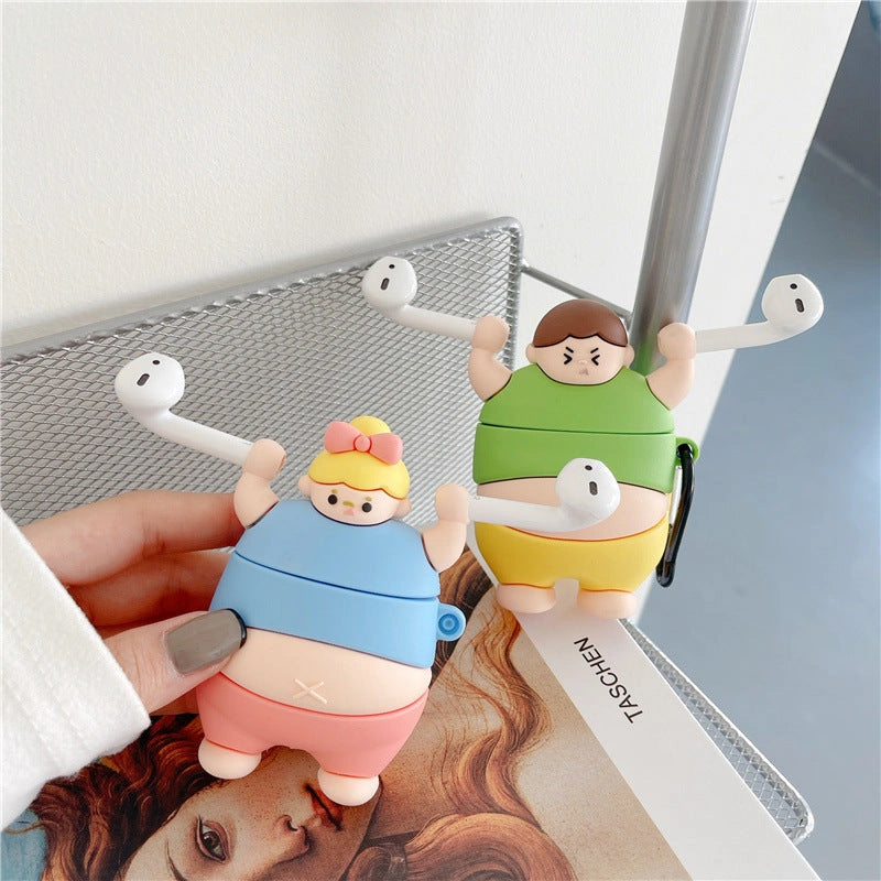 3D Cute Little Fat Man Lifting Weights Silicone Case for AirPods Pro